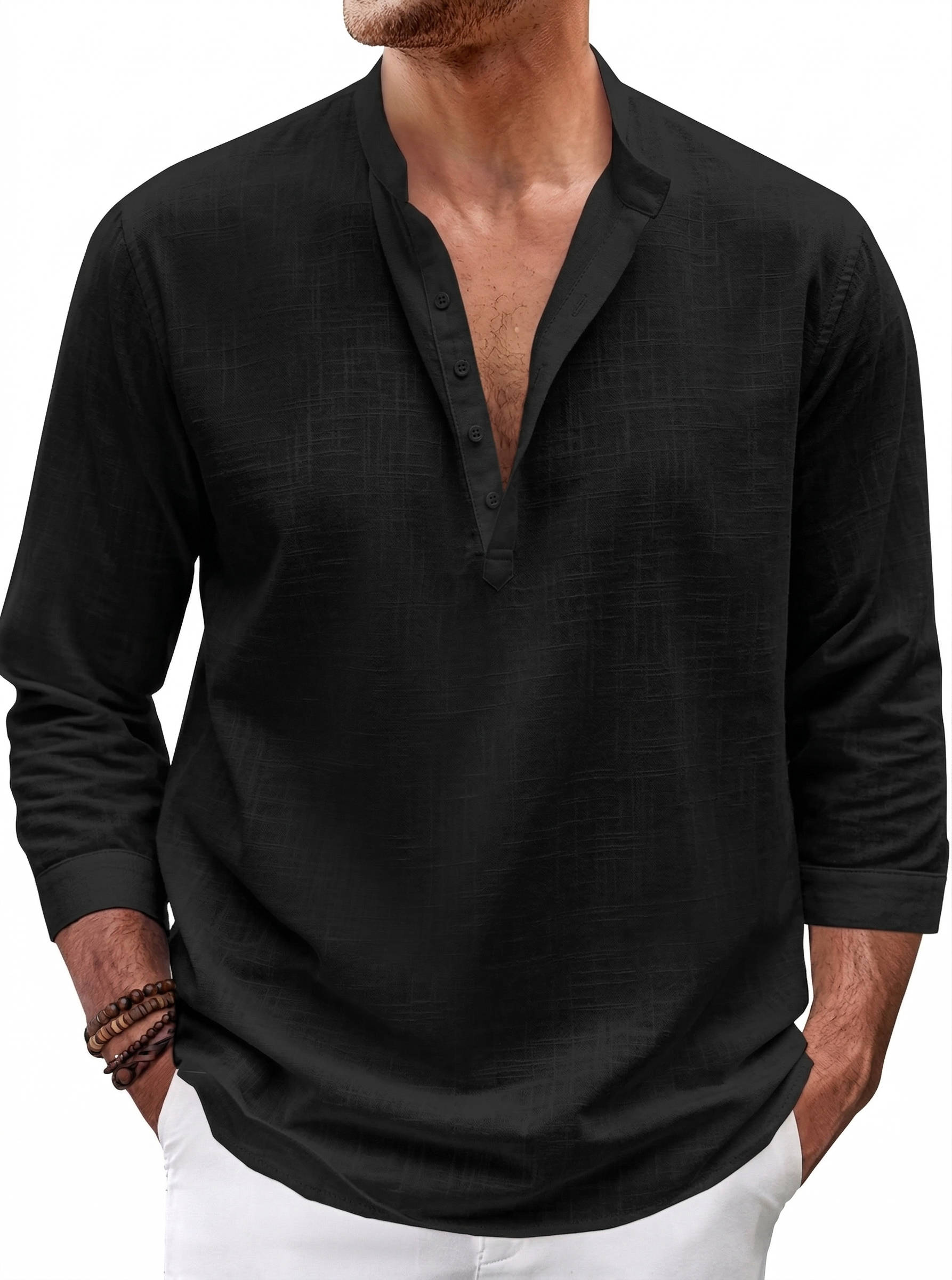 Men’s Linen Henley Shirt 3/4 Sleeve – Loose Fit Cotton Linen Blend Casual Stand Collar Button Neck Top