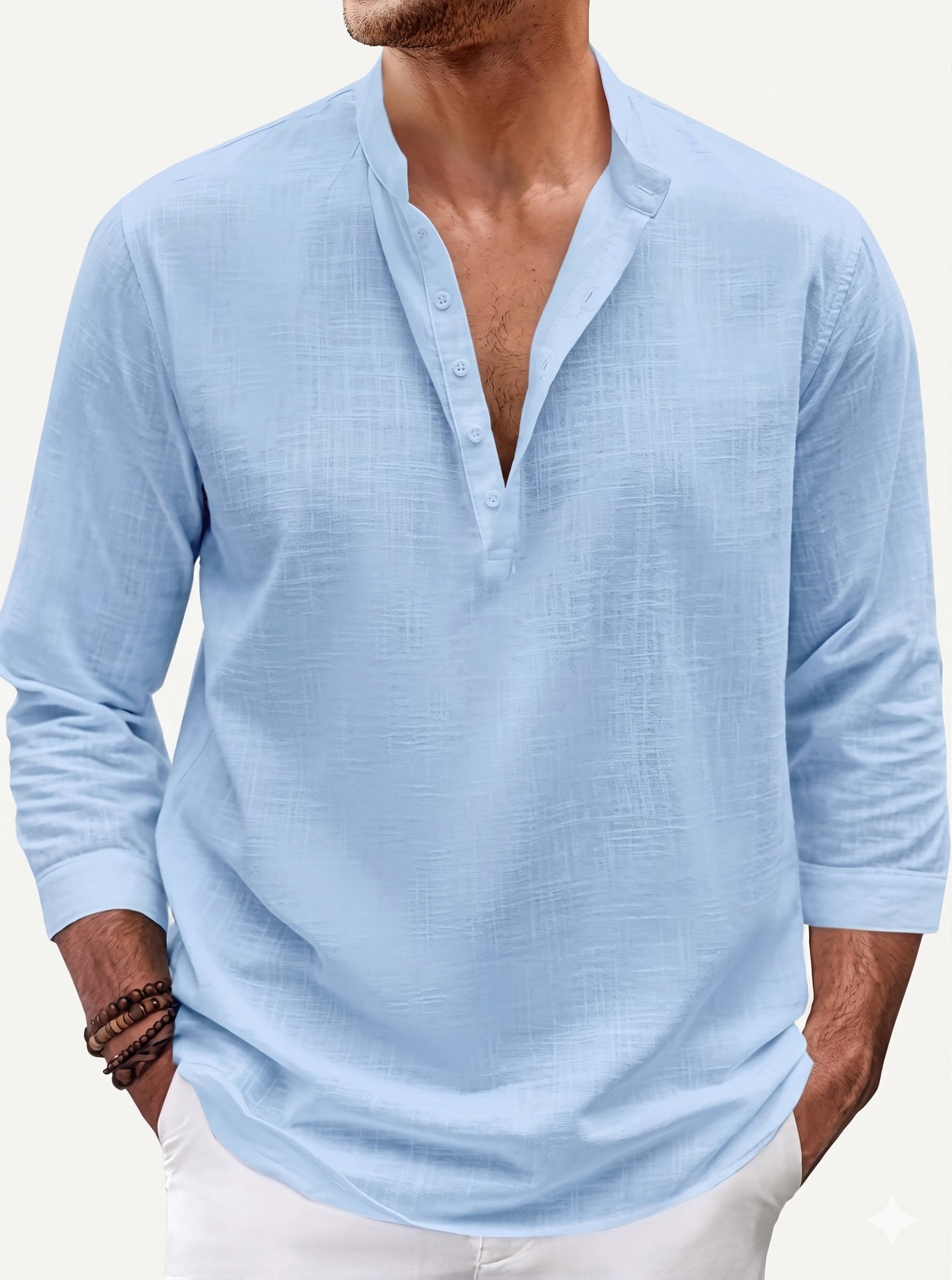 Men’s Linen Henley Shirt 3/4 Sleeve – Loose Fit Cotton Linen Blend Casual Stand Collar Button Neck Top
