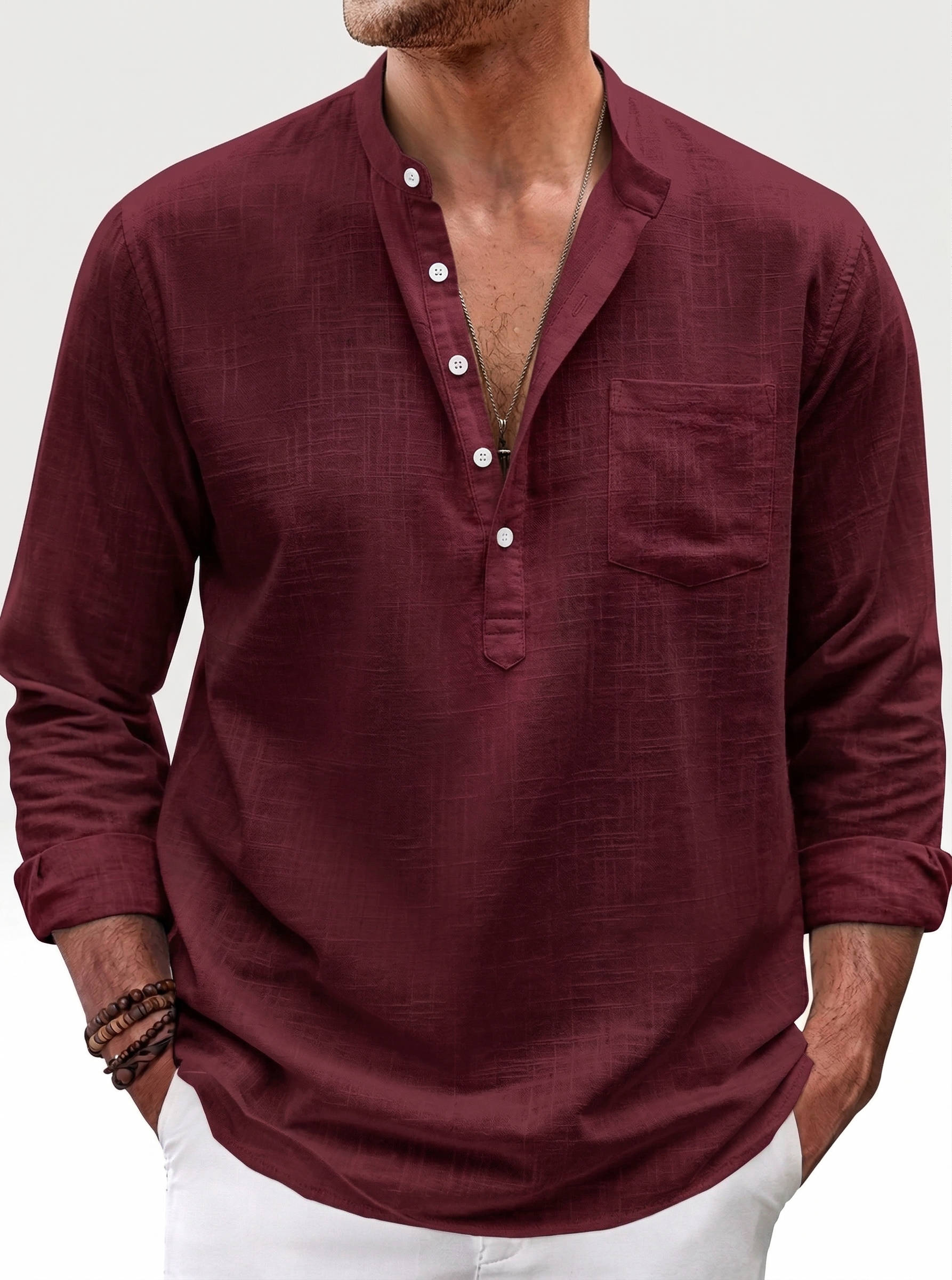 Men’s Linen Henley Shirt 3/4 Sleeve – Loose Fit Cotton Linen Blend Casual Stand Collar Button Neck Top