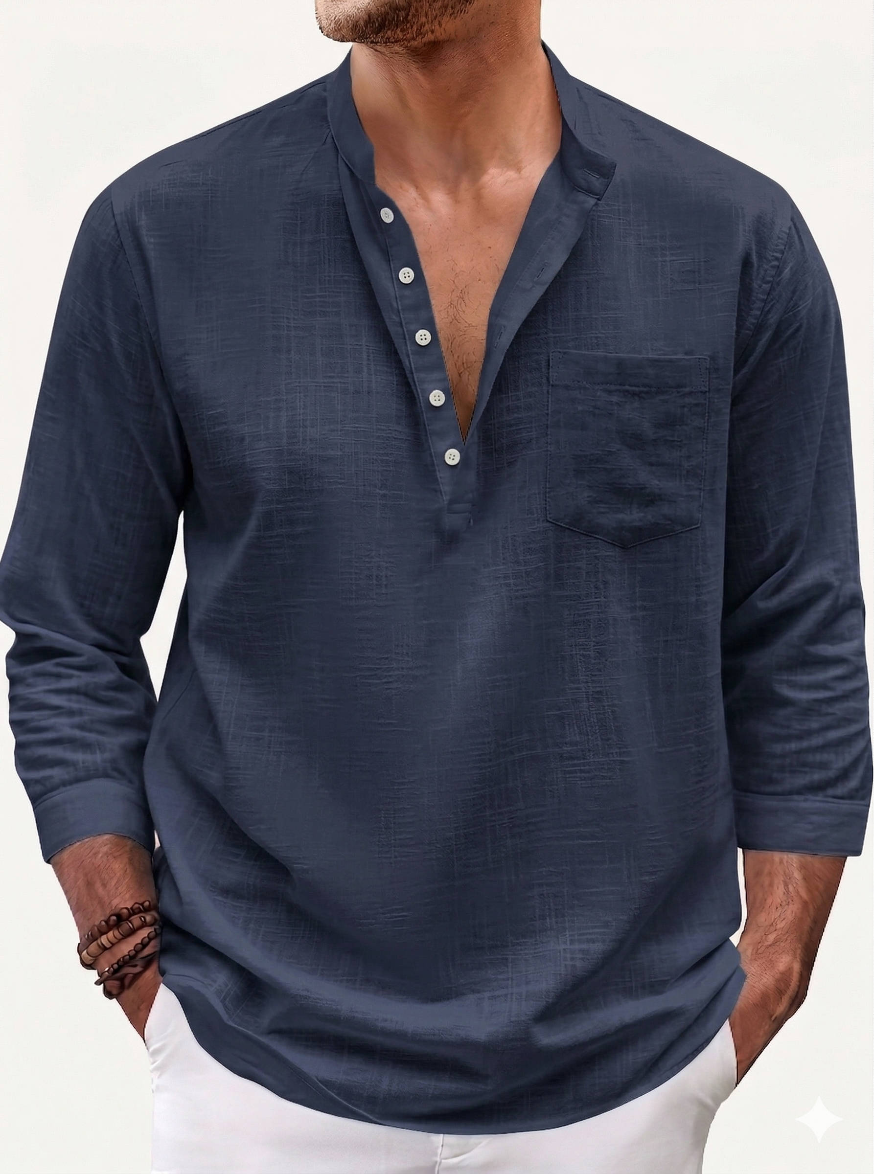 Men’s Linen Henley Shirt 3/4 Sleeve – Loose Fit Cotton Linen Blend Casual Stand Collar Button Neck Top