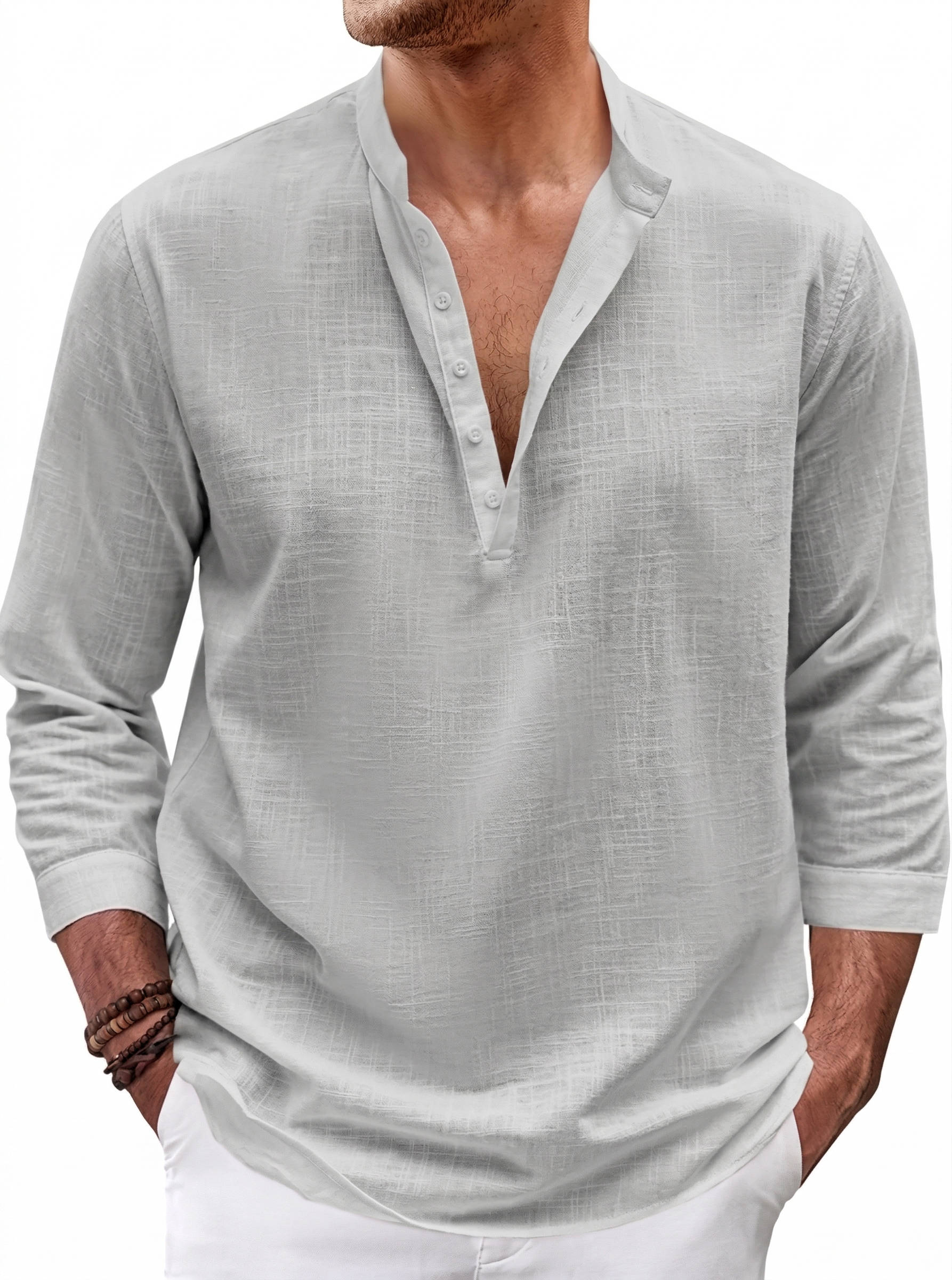 Men’s Linen Henley Shirt 3/4 Sleeve – Loose Fit Cotton Linen Blend Casual Stand Collar Button Neck Top