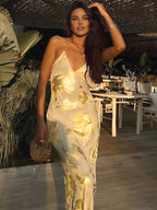 Women’s Elegant Backless Jersey Maxi Dress – V-Neck Sleeveless Slim Fit Stretch Evening Dress for Vacation & Party