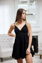 Crochet Lace Waist Spaghetti Strap Tiered Mini Dress in Jet Black