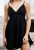 Crochet Lace Waist Spaghetti Strap Tiered Mini Dress in Jet Black