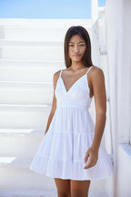 Crochet Lace Waist Spaghetti Strap Tiered Mini Dress in White