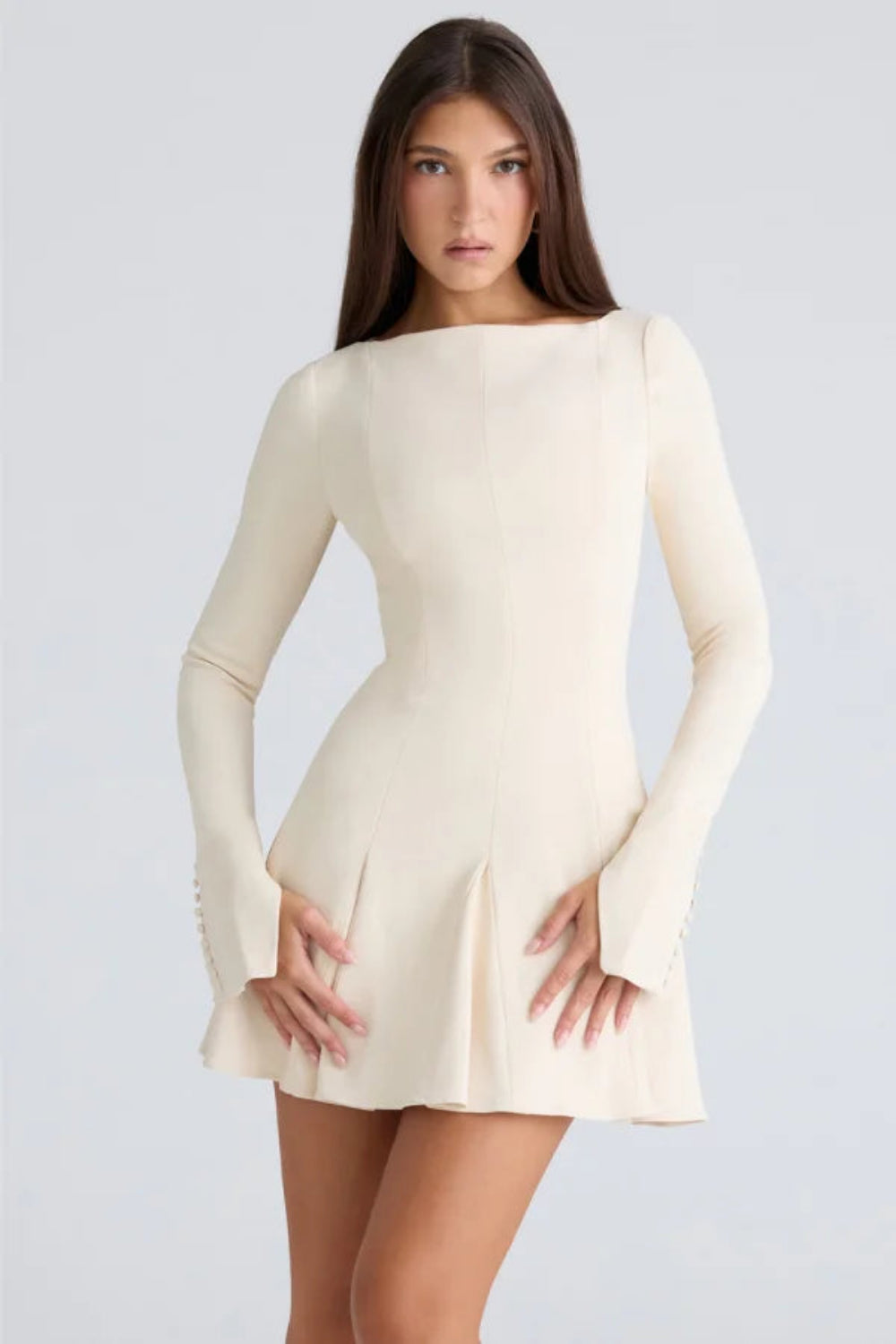 Women’s A-Line Crepe Dress – Elegant Boat Neck Midi Formal Dress with Tailored Princess Seams