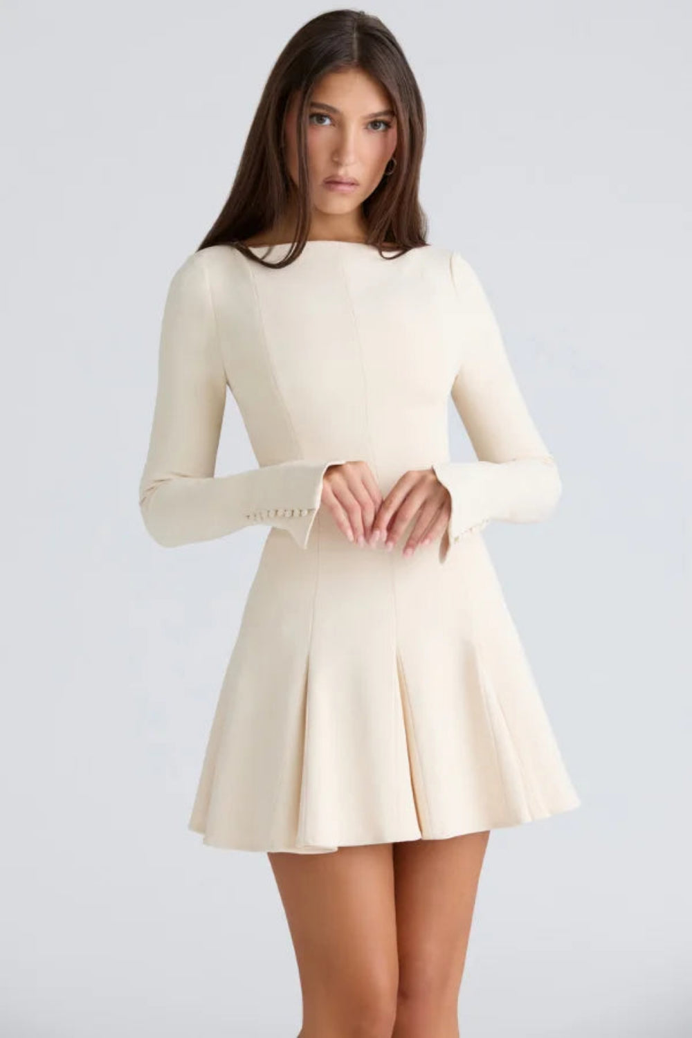 Women’s A-Line Crepe Dress – Elegant Boat Neck Midi Formal Dress with Tailored Princess Seams