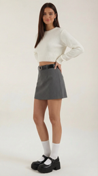 Michele Belted High Waist Mini Skirt – A-Line Structured Skort with Built-In Shorts