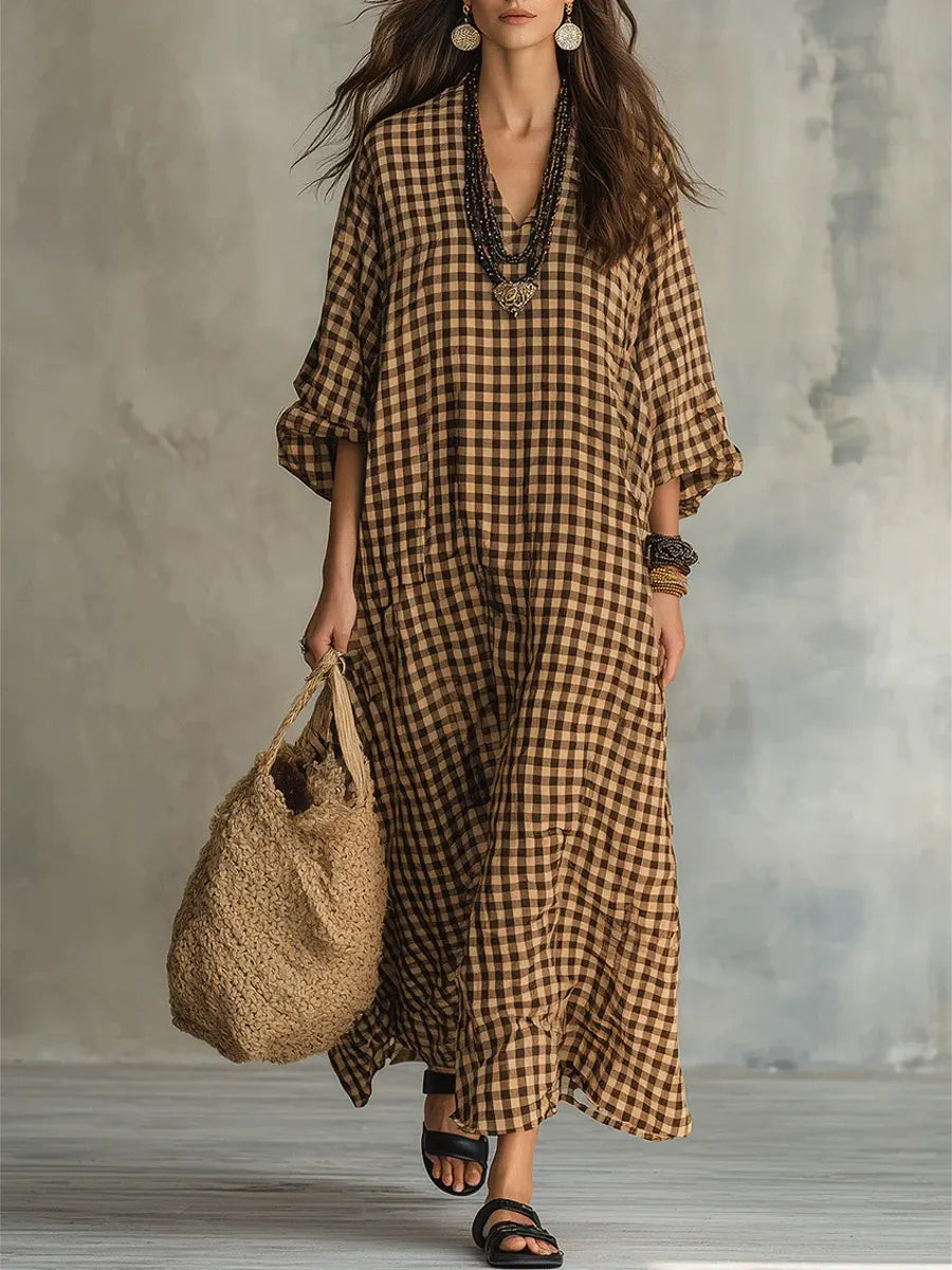 Women’s Mila Check Maxi Dress Oversized Relaxed Fit Flowy Lightweight Breathable Casual Long Dress Classic Plaid Pattern Summer Travel Outfit