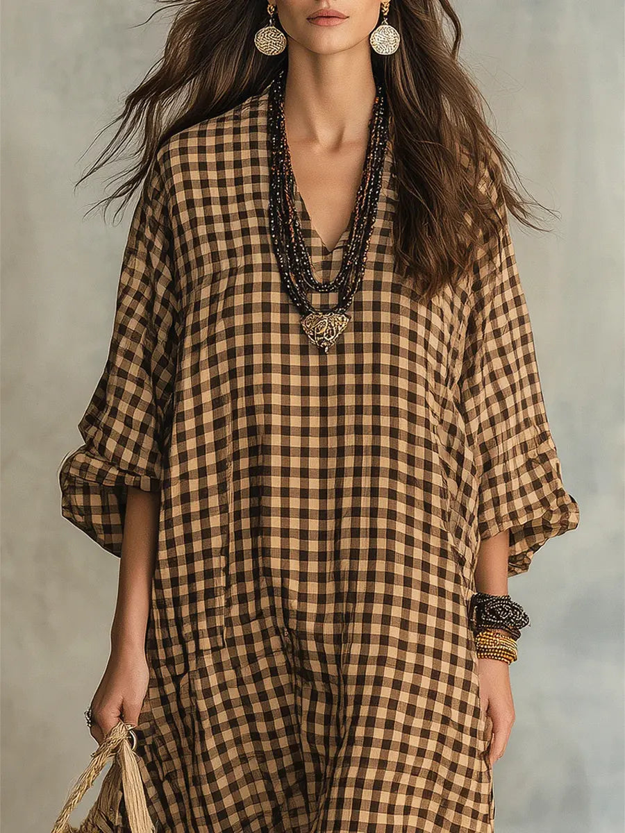 Women’s Mila Check Maxi Dress Oversized Relaxed Fit Flowy Lightweight Breathable Casual Long Dress Classic Plaid Pattern Summer Travel Outfit