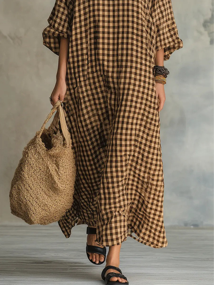 Women’s Mila Check Maxi Dress Oversized Relaxed Fit Flowy Lightweight Breathable Casual Long Dress Classic Plaid Pattern Summer Travel Outfit