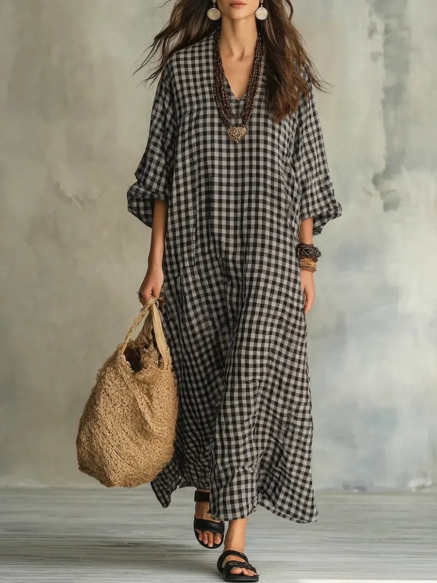 Women’s Mila Check Maxi Dress Oversized Relaxed Fit Flowy Lightweight Breathable Casual Long Dress Classic Plaid Pattern Summer Travel Outfit