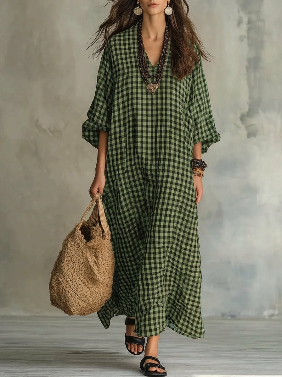 Women’s Mila Check Maxi Dress Oversized Relaxed Fit Flowy Lightweight Breathable Casual Long Dress Classic Plaid Pattern Summer Travel Outfit