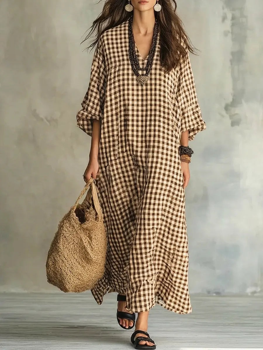 Women’s Mila Check Maxi Dress Oversized Relaxed Fit Flowy Lightweight Breathable Casual Long Dress Classic Plaid Pattern Summer Travel Outfit