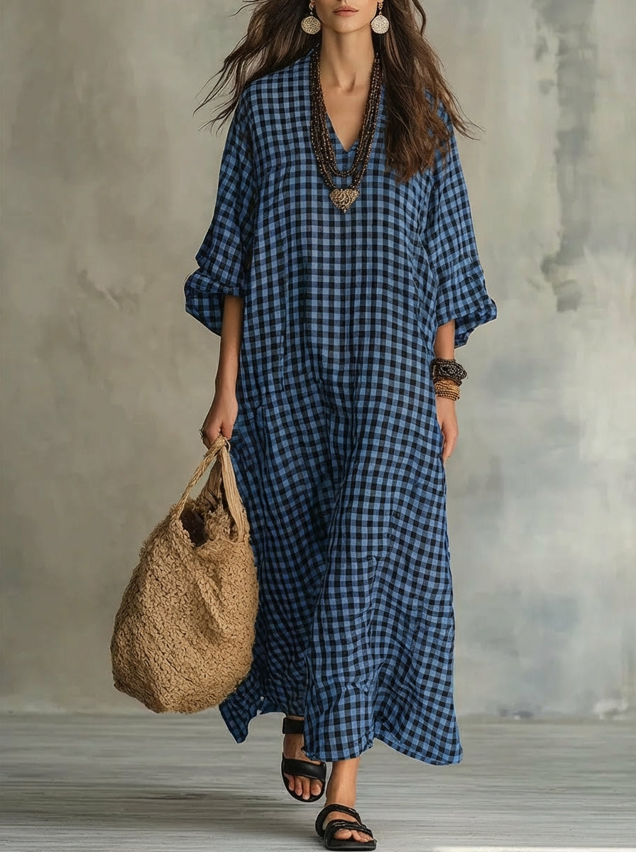 Women’s Mila Check Maxi Dress Oversized Relaxed Fit Flowy Lightweight Breathable Casual Long Dress Classic Plaid Pattern Summer Travel Outfit