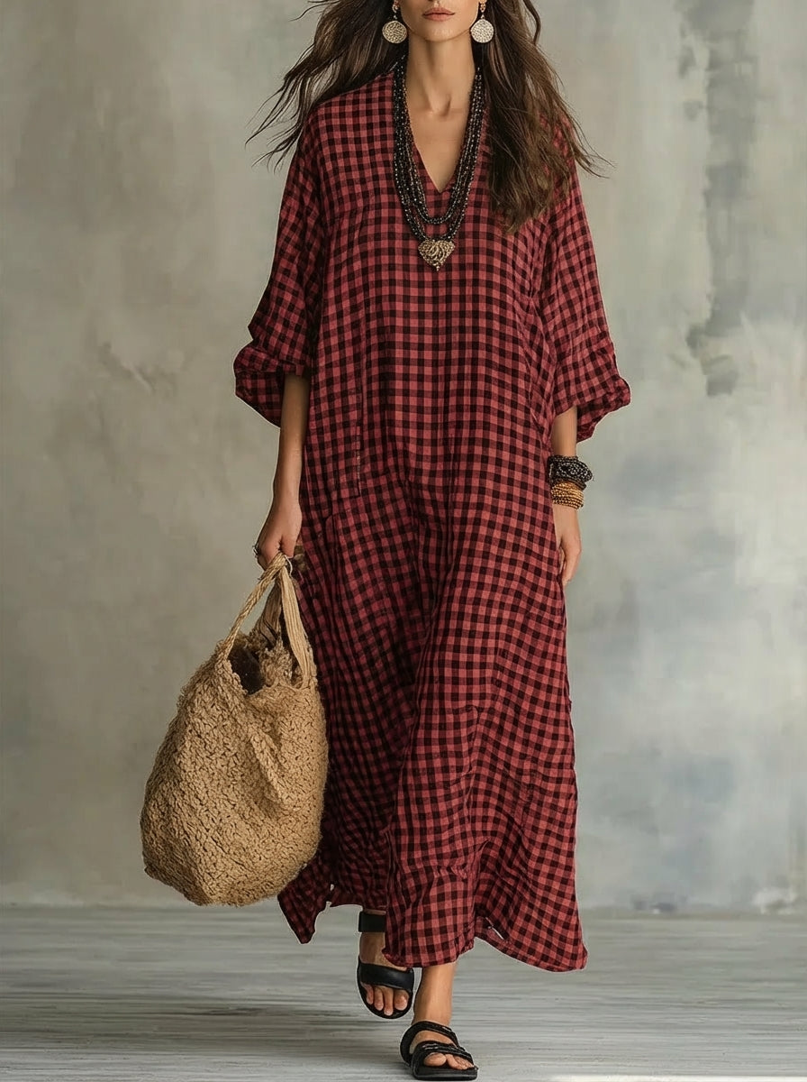 Women’s Mila Check Maxi Dress Oversized Relaxed Fit Flowy Lightweight Breathable Casual Long Dress Classic Plaid Pattern Summer Travel Outfit