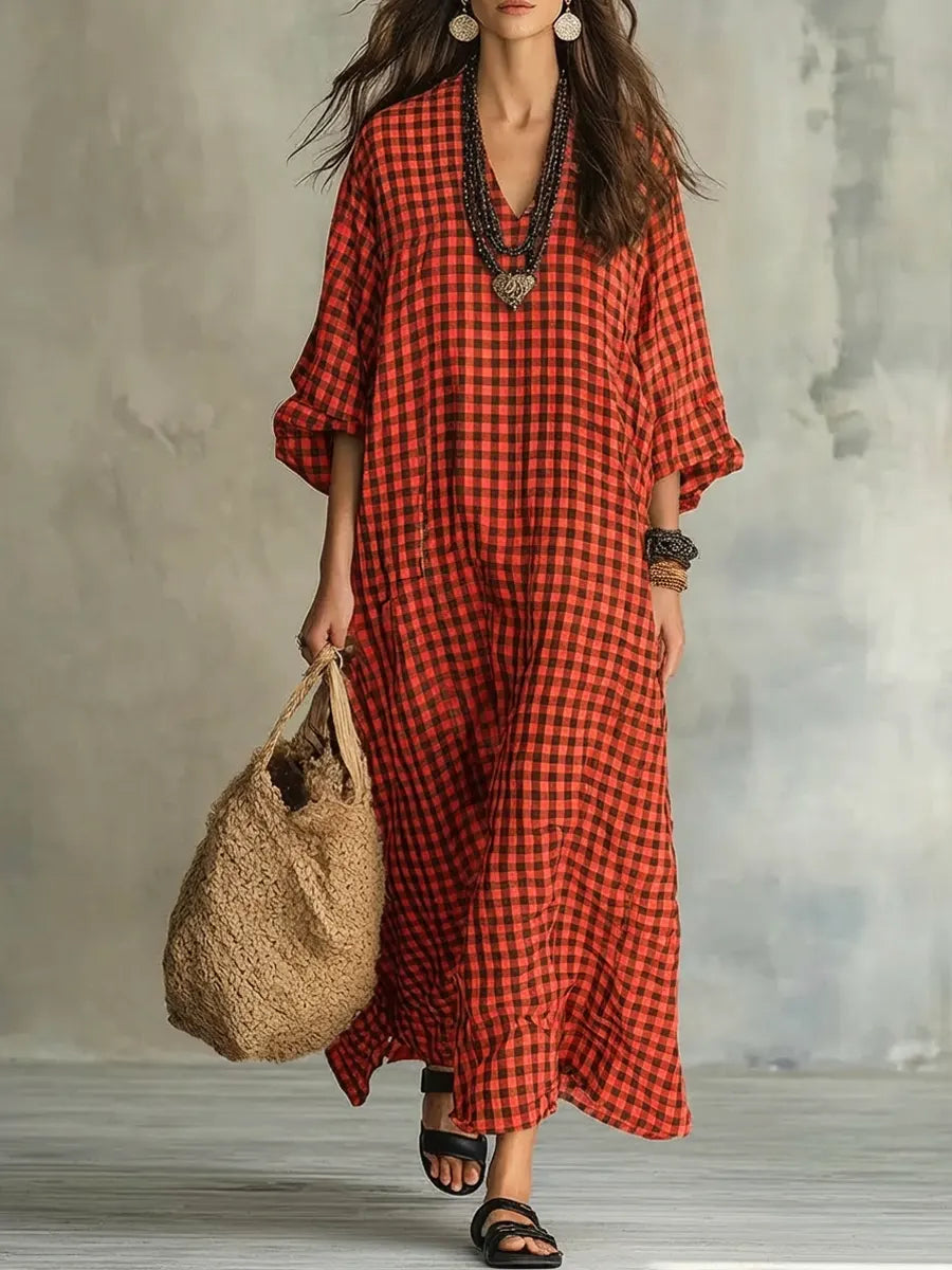 Women’s Mila Check Maxi Dress Oversized Relaxed Fit Flowy Lightweight Breathable Casual Long Dress Classic Plaid Pattern Summer Travel Outfit
