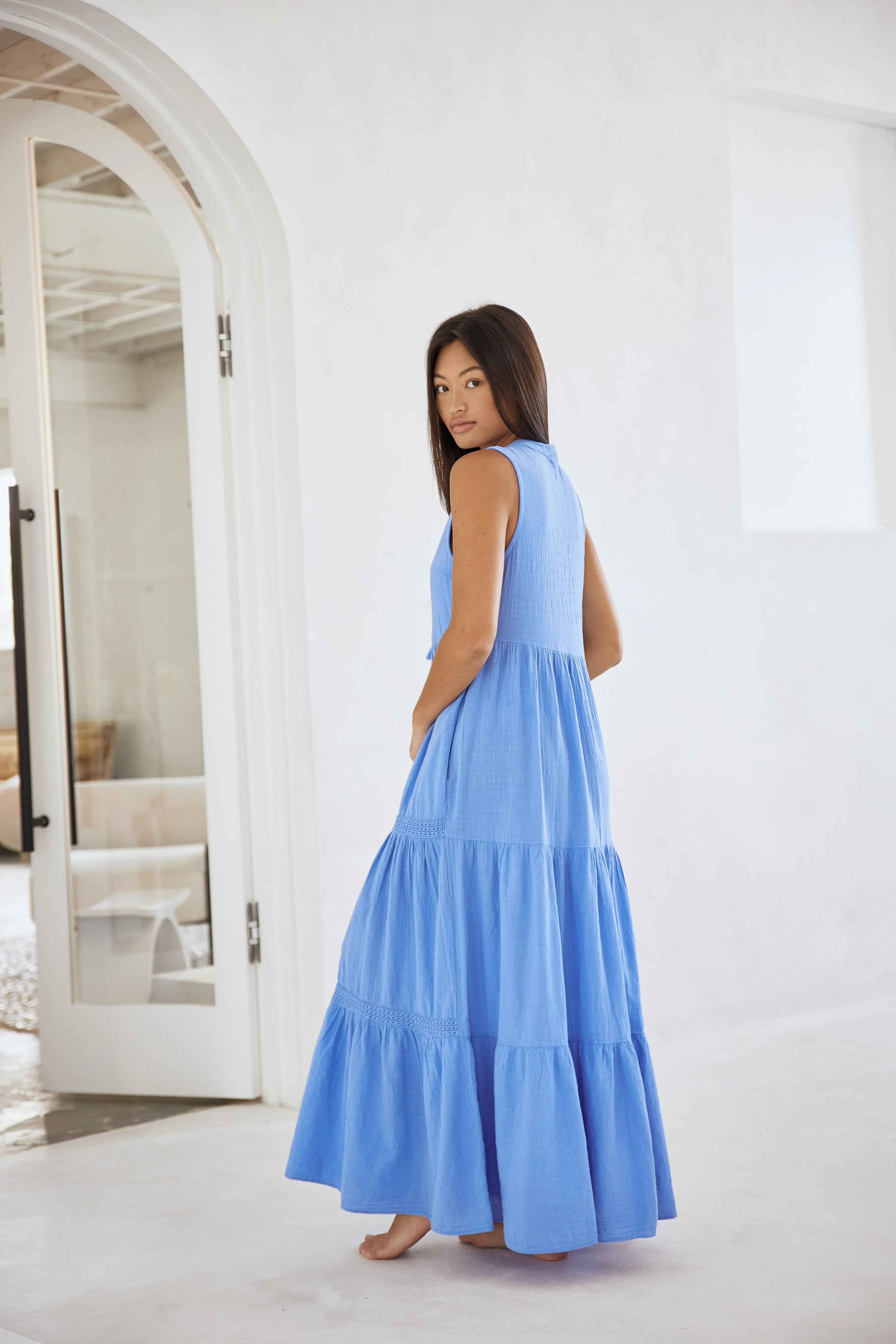Tassel Tie Neck Lace Trim Sleeveless Tiered Maxi Dress in Cornflower Blue