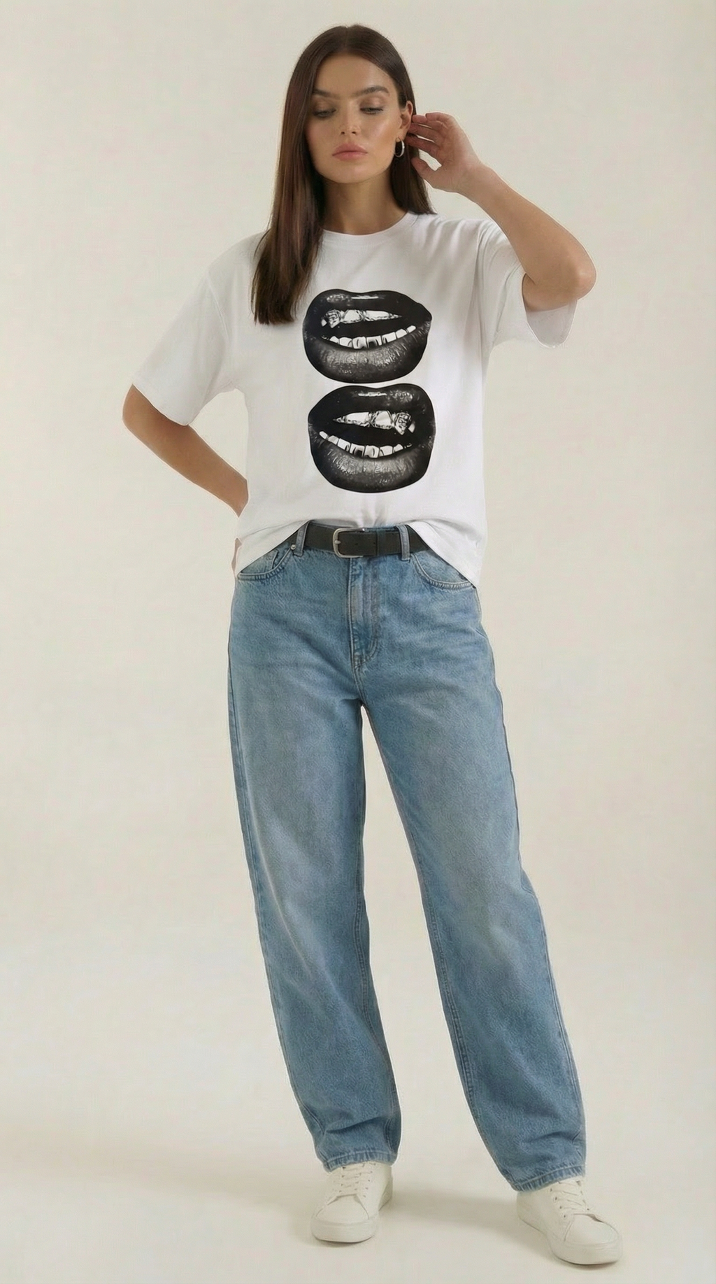Natalia Graphic T-Shirt — Women’s Pop Art Lip Print Heavyweight Boxy Fit Cropped Sleeve Streetwear Tee