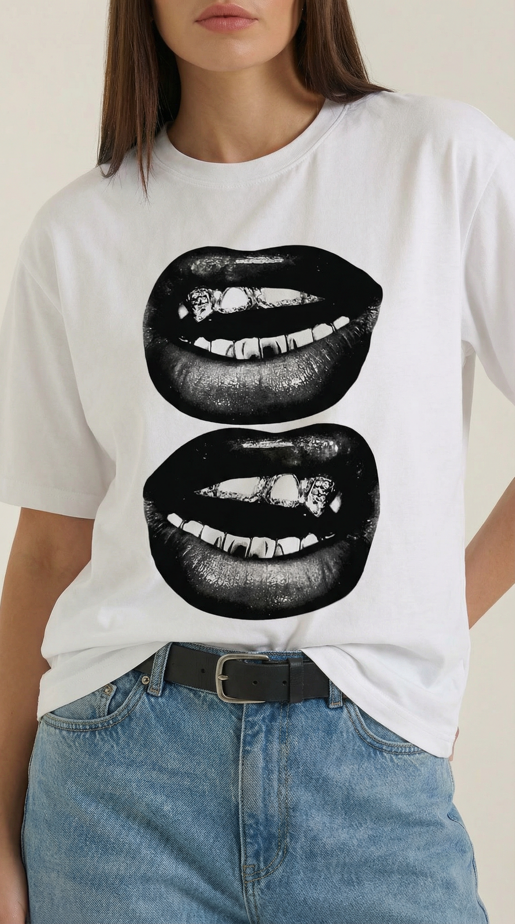 Natalia Graphic T-Shirt — Women’s Pop Art Lip Print Heavyweight Boxy Fit Cropped Sleeve Streetwear Tee