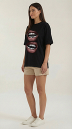 Natalia Graphic T-Shirt — Women’s Pop Art Lip Print Heavyweight Boxy Fit Cropped Sleeve Streetwear Tee