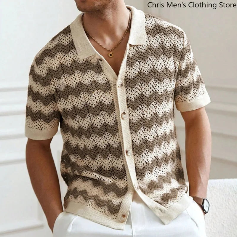 Men’s Breathable Knitted Cutout Striped T-Shirt – Business Casual Spring Summer Shirt