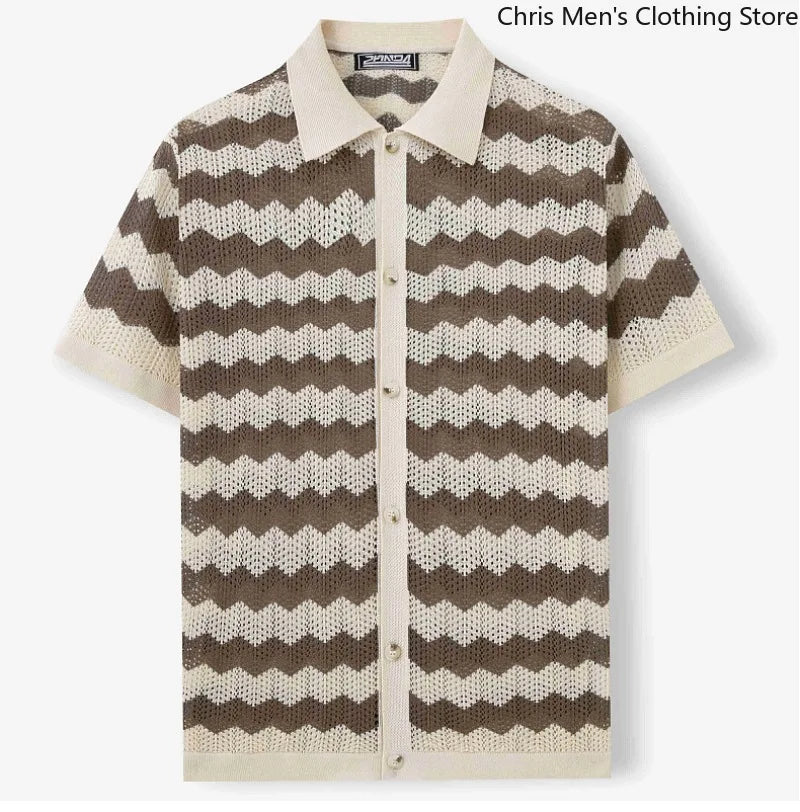 Men’s Breathable Knitted Cutout Striped T-Shirt – Business Casual Spring Summer Shirt