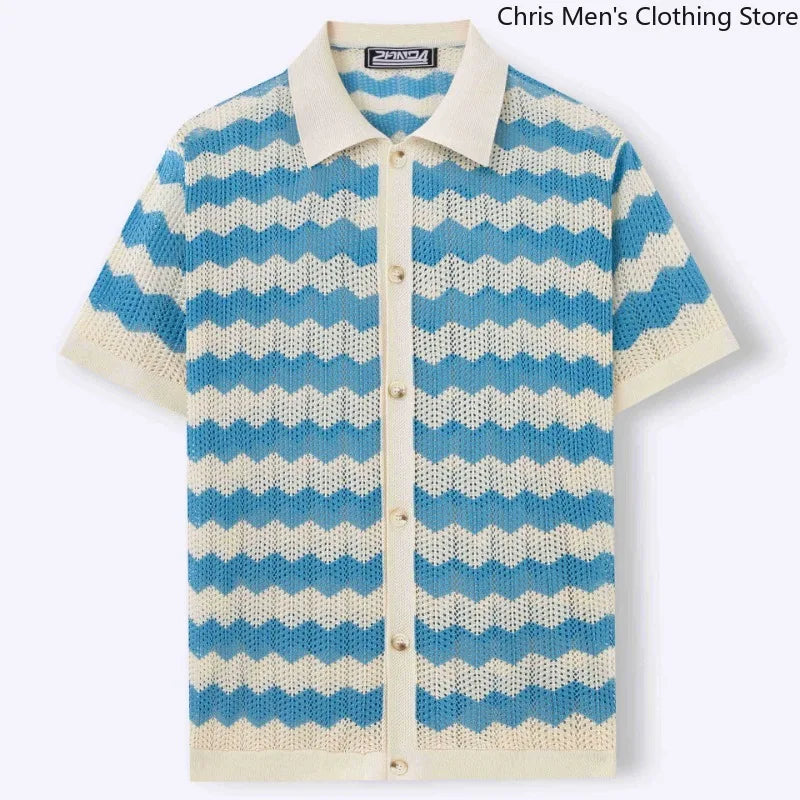Men’s Breathable Knitted Cutout Striped T-Shirt – Business Casual Spring Summer Shirt