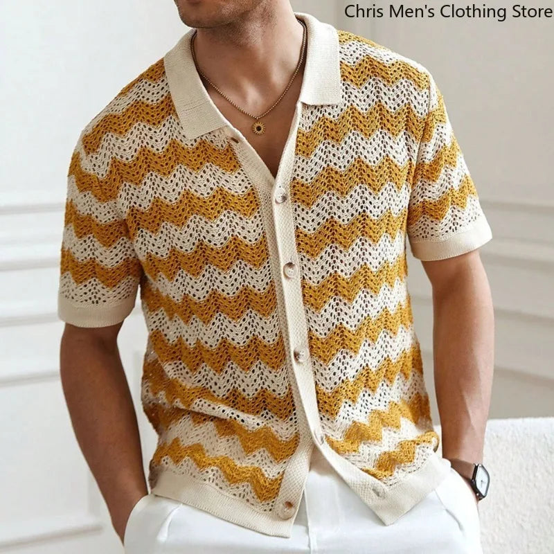 Men’s Breathable Knitted Cutout Striped T-Shirt – Business Casual Spring Summer Shirt