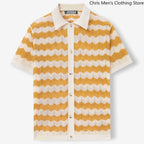 Men’s Breathable Knitted Cutout Striped T-Shirt – Business Casual Spring Summer Shirt