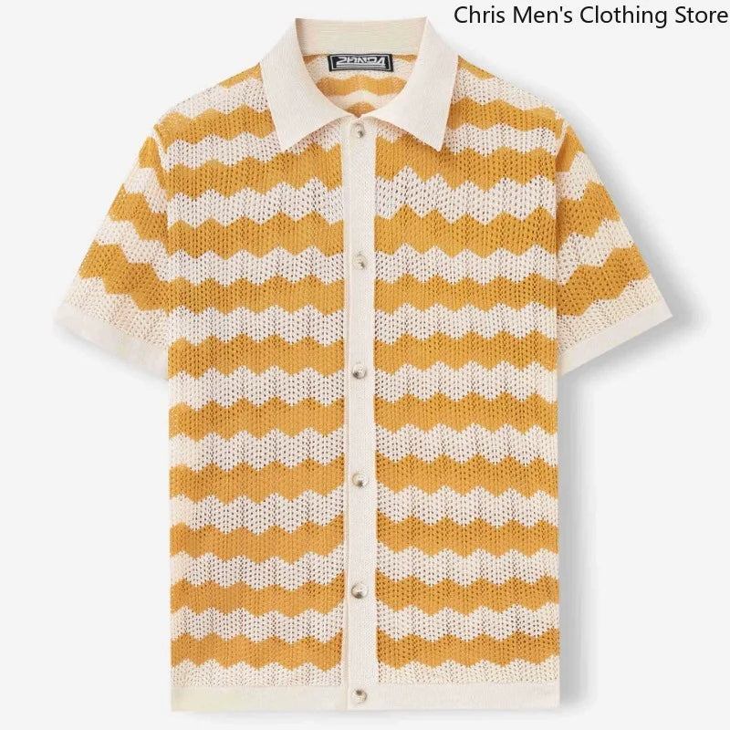 Men’s Breathable Knitted Cutout Striped T-Shirt – Business Casual Spring Summer Shirt