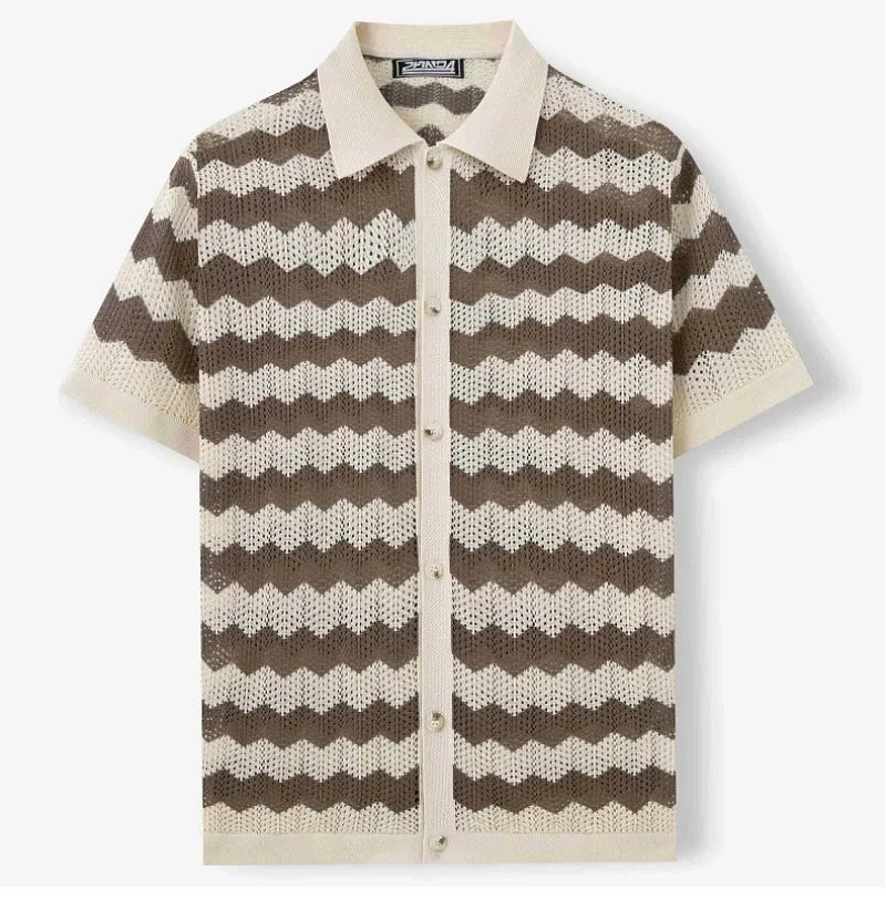 Men’s Breathable Knitted Cutout Striped T-Shirt – Business Casual Spring Summer Shirt