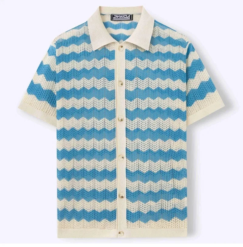 Men’s Breathable Knitted Cutout Striped T-Shirt – Business Casual Spring Summer Shirt