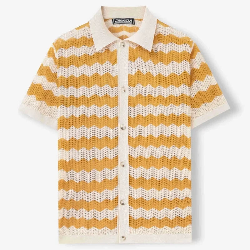 Men’s Breathable Knitted Cutout Striped T-Shirt – Business Casual Spring Summer Shirt
