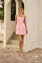Structured Corset Bodice Pleated Drop Waist Mini Dress in Blush Pink
