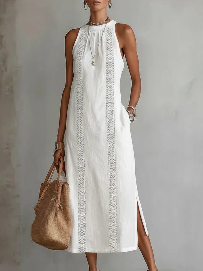 Women’s Lace Detail Off-Shoulder Maxi Dress – Sleeveless A-Line Dress with Side Slit