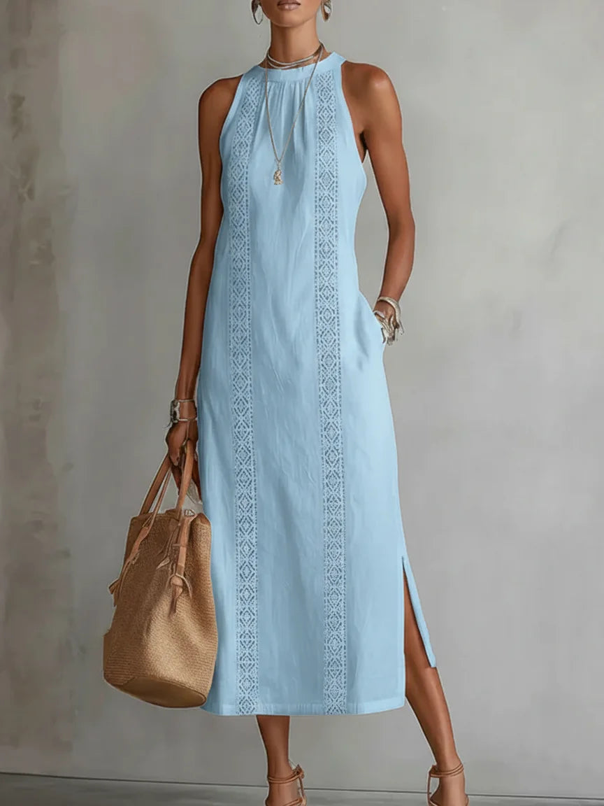 Women’s Lace Detail Off-Shoulder Maxi Dress – Sleeveless A-Line Dress with Side Slit
