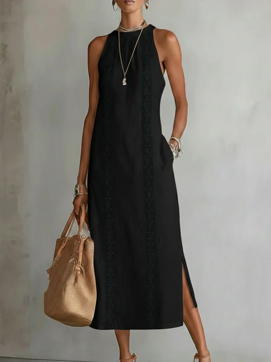 Women’s Lace Detail Off-Shoulder Maxi Dress – Sleeveless A-Line Dress with Side Slit