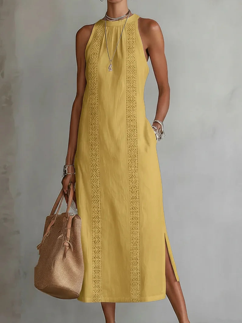 Women’s Lace Detail Off-Shoulder Maxi Dress – Sleeveless A-Line Dress with Side Slit