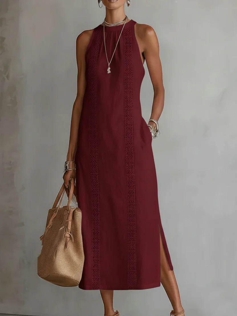 Women’s Lace Detail Off-Shoulder Maxi Dress – Sleeveless A-Line Dress with Side Slit