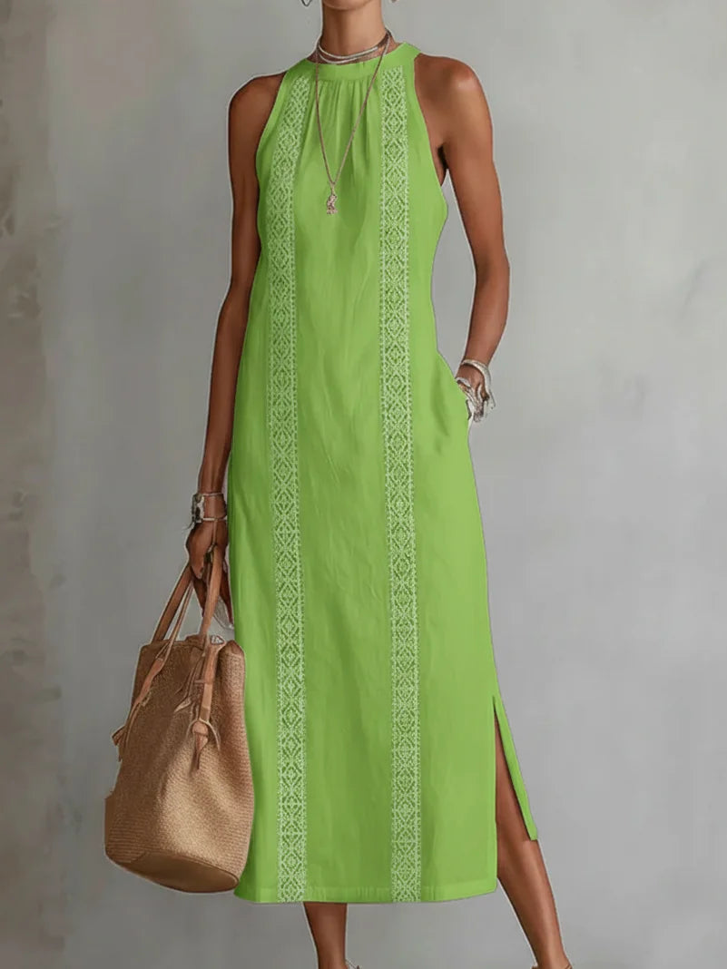 Women’s Off-Shoulder Lace Maxi Dress – Sleeveless A-Line Long Dress with Pockets & Side Slit Elegant Summer Outfit