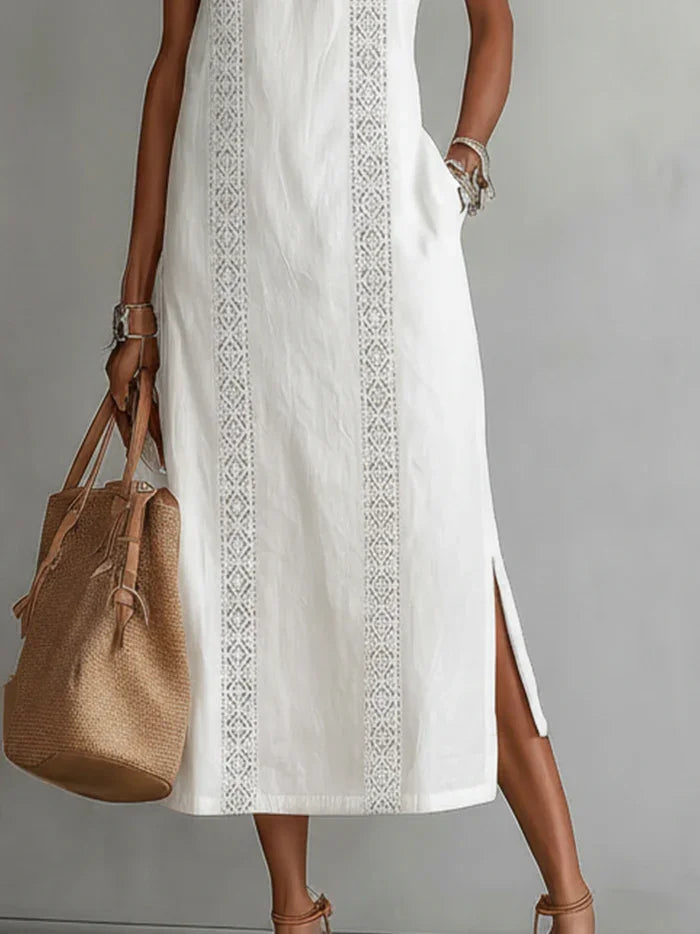 Women’s Lace Detail Off-Shoulder Maxi Dress – Sleeveless A-Line Dress with Side Slit