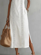 Women’s Off-Shoulder Lace Maxi Dress – Sleeveless A-Line Long Dress with Pockets & Side Slit Elegant Summer Outfit