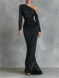 Women’s Black Satin One-Shoulder Mermaid Maxi Dress – Ruched Elegant Formal Evening Gown