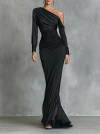 Women’s Black Satin One-Shoulder Mermaid Maxi Dress – Ruched Elegant Formal Evening Gown
