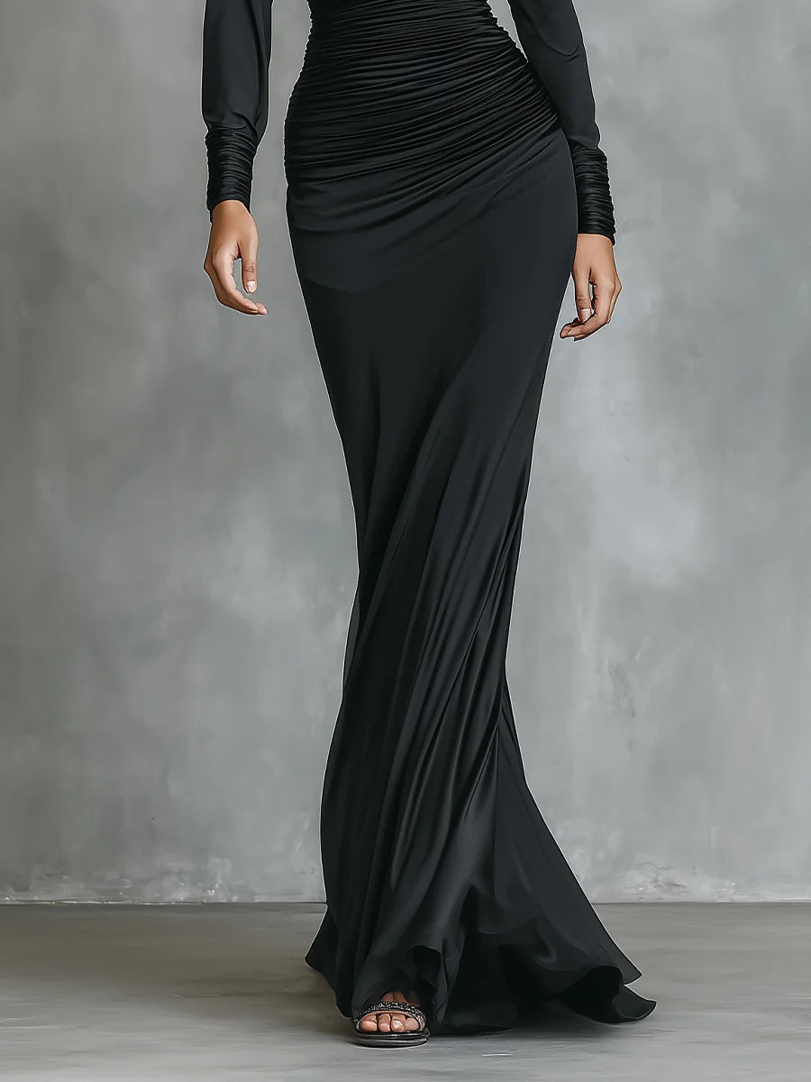 Women’s Black Satin One-Shoulder Mermaid Maxi Dress – Ruched Elegant Formal Evening Gown
