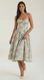 Women's Sage Green Floral Midi Dress Corset Bodice Spaghetti Strap A Line Summer Dress