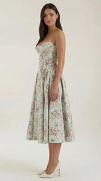 Women's Sage Green Floral Midi Dress Corset Bodice Spaghetti Strap A Line Summer Dress