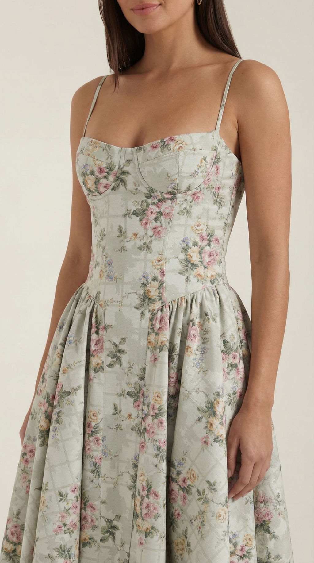Women's Sage Green Floral Midi Dress Corset Bodice Spaghetti Strap A Line Summer Dress
