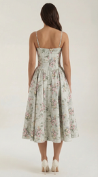 Women's Sage Green Floral Midi Dress Corset Bodice Spaghetti Strap A Line Summer Dress
